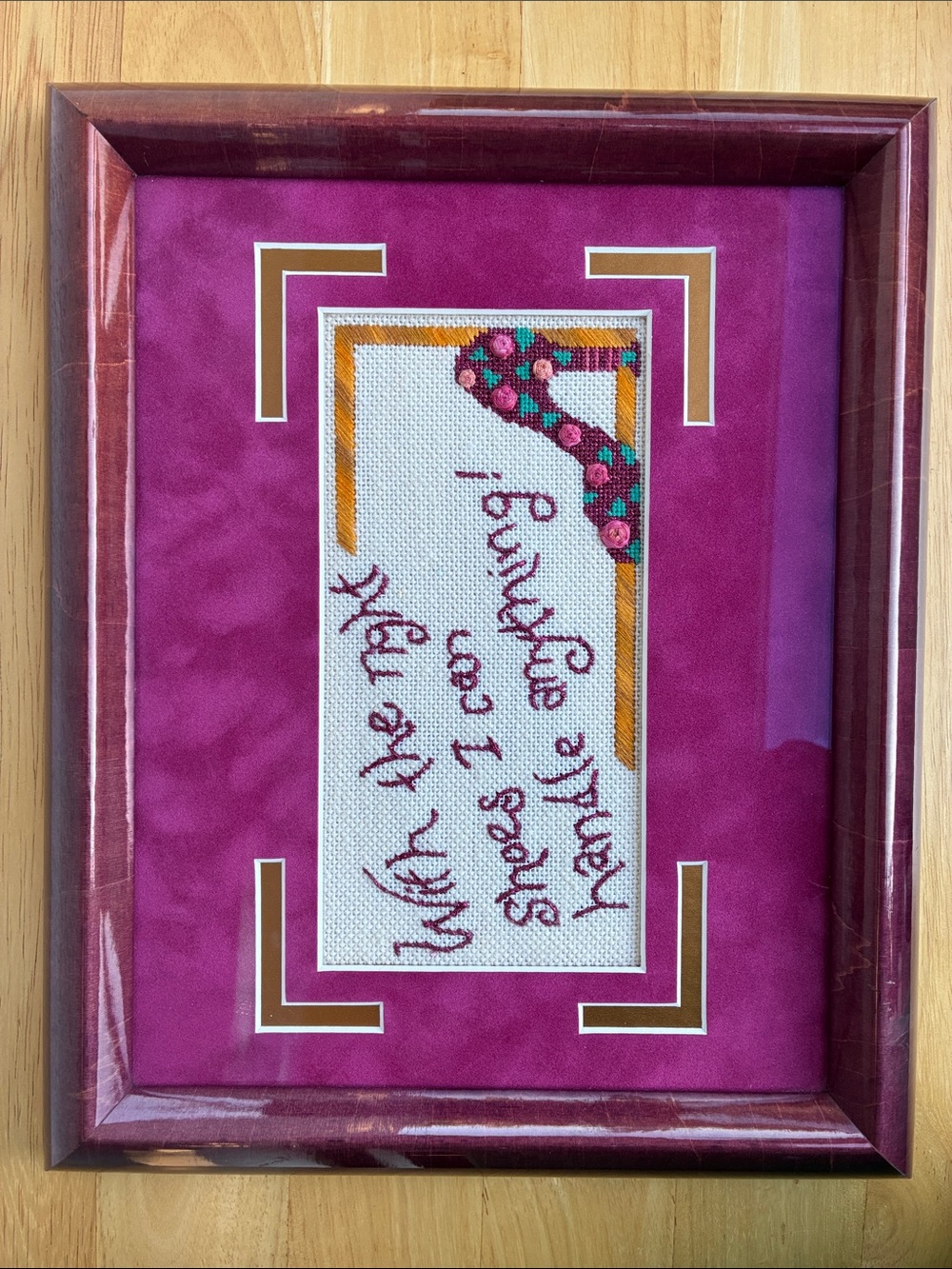 “With the right shoes I can do anything!” Cross stitch framed wall hanging